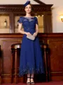 Immaculate A-Line Chiffon Applique Bateau Short Sleeves Tea-Length Mother of the Bride Dress