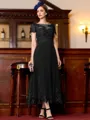 Immaculate A-Line Chiffon Applique Bateau Short Sleeves Tea-Length Mother of the Bride Dress