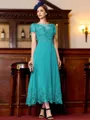 Immaculate A-Line Chiffon Applique Bateau Short Sleeves Tea-Length Mother of the Bride Dress