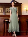 Immaculate A-Line Chiffon Applique Bateau Short Sleeves Tea-Length Mother of the Bride Dress