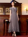 Immaculate A-Line Chiffon Applique Bateau Short Sleeves Tea-Length Mother of the Bride Dress