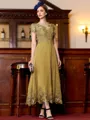 Immaculate A-Line Chiffon Applique Bateau Short Sleeves Tea-Length Mother of the Bride Dress