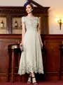 Immaculate A-Line Chiffon Applique Bateau Short Sleeves Tea-Length Mother of the Bride Dress