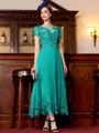 Immaculate A-Line Chiffon Applique Bateau Short Sleeves Tea-Length Mother of the Bride Dress