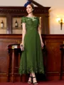 Immaculate A-Line Chiffon Applique Bateau Short Sleeves Tea-Length Mother of the Bride Dress