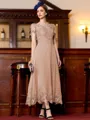 Immaculate A-Line Chiffon Applique Bateau Short Sleeves Tea-Length Mother of the Bride Dress