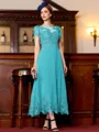 Immaculate A-Line Chiffon Applique Bateau Short Sleeves Tea-Length Mother of the Bride Dress