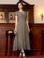 Immaculate A-Line Chiffon Applique Bateau Short Sleeves Tea-Length Mother of the Bride Dress
