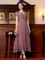 Immaculate A-Line Chiffon Applique Bateau Short Sleeves Tea-Length Mother of the Bride Dress
