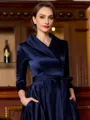 Charming A-Line Satin Ruched V-Neck Long Sleeves Asymmetrical Mother of the Bride Dress