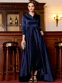 Charming A-Line Satin Ruched V-Neck Long Sleeves Asymmetrical Mother of the Bride Dress