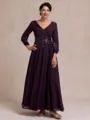 Stylish A-line V-Neck Long Sleeves Appliques Lace Ankle-Length Chiffon Mother of the Bride Dress