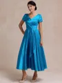 Glamorous A-line V-Neck Short Sleeves Pleated Ankle-Length Silk Like Satin Mother of the Bride Dress