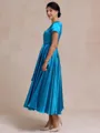 Glamorous A-line V-Neck Short Sleeves Pleated Ankle-Length Silk Like Satin Mother of the Bride Dress