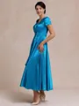 Glamorous A-line V-Neck Short Sleeves Pleated Ankle-Length Silk Like Satin Mother of the Bride Dress