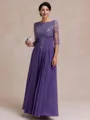 Modest A-line Scoop 1/2 Sleeves Appliques Lace Floor-Length Chiffon Mother of the Bride Dress