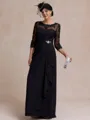 Rhythmic A-line Scoop 3/4 Sleeves Appliques Lace Floor-Length Chiffon Mother of the Bride Dress