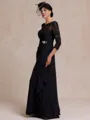 Rhythmic A-line Scoop 3/4 Sleeves Appliques Lace Floor-Length Chiffon Mother of the Bride Dress