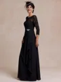Rhythmic A-line Scoop 3/4 Sleeves Appliques Lace Floor-Length Chiffon Mother of the Bride Dress