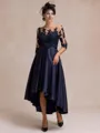 Tasteful A-line Bateau 3/4 Sleeves Appliques Lace Asymmetrical Satin Mother of the Bride Dress