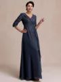 Tasteful A-line V-Neck 3/4 Sleeves Appliques Lace Floor-Length Chiffon Mother of the Bride Dress