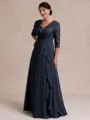 Tasteful A-line V-Neck 3/4 Sleeves Appliques Lace Floor-Length Chiffon Mother of the Bride Dress
