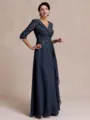 Tasteful A-line V-Neck 3/4 Sleeves Appliques Lace Floor-Length Chiffon Mother of the Bride Dress