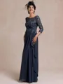 Radiant A-line Scoop 3/4 Sleeves Appliques Lace Floor-Length Chiffon Mother of the Bride Dress