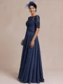 Polished A-line Scoop 1/2 Sleeves Appliques Lace Floor-Length Chiffon Mother of the Bride Dress