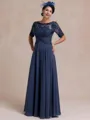 Polished A-line Scoop 1/2 Sleeves Appliques Lace Floor-Length Chiffon Mother of the Bride Dress