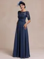 Polished A-line Scoop 1/2 Sleeves Appliques Lace Floor-Length Chiffon Mother of the Bride Dress