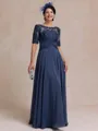 Polished A-line Scoop 1/2 Sleeves Appliques Lace Floor-Length Chiffon Mother of the Bride Dress