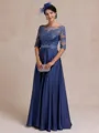 Stylish A-line Scoop 1/2 Sleeves Appliques Lace Floor-Length Satin Chiffon Mother of the Bride Dress