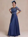 Stylish A-line Scoop 1/2 Sleeves Appliques Lace Floor-Length Satin Chiffon Mother of the Bride Dress