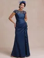 Tasteful Sheath Scoop Short Sleeves Appliques Lace Floor-Length Satin Chiffon Mother of the Bride Dress