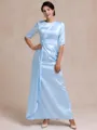 Glamorous Sheath Scoop 1/2 Sleeves Pleated Floor-Length Silk like Satin Mother of the Bride Dress