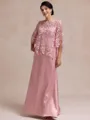 Understated Sheath Scoop 3/4 Sleeves Appliques Lace Floor-Length Silk like Satin Mother of the Bride Dress