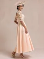 Elegant A-line Scoop 1/2 Sleeves Appliques Lace Ankle-Length Satin Mother of the Bride Dress
