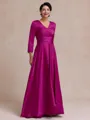 Flattering A-line V-Neck 3/4 Sleeves Pleated Floor-Length Satin Chiffon Mother of the Bride Dress