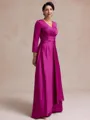 Flattering A-line V-Neck 3/4 Sleeves Pleated Floor-Length Satin Chiffon Mother of the Bride Dress