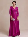 Flattering A-line V-Neck 3/4 Sleeves Pleated Floor-Length Satin Chiffon Mother of the Bride Dress