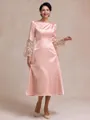 Chic A-line Scoop Long Sleeves Appliques Lace Tea-Length Silk like Satin Mother of the Bride Dress