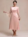 Chic A-line Scoop Long Sleeves Appliques Lace Tea-Length Silk like Satin Mother of the Bride Dress