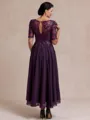 Graceful A-line Scoop 1/2 Sleeves Appliques Lace Asymmetrical Chiffon Mother of the Bride Dress