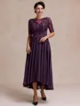 Graceful A-line Scoop 1/2 Sleeves Appliques Lace Asymmetrical Chiffon Mother of the Bride Dress