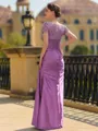 Stunning Sheath/Column Silk like Satin Applique V-Neck Short Sleeves Floor-Length Mother of the Bride Dress