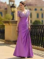 Stunning Sheath/Column Silk like Satin Applique V-Neck Short Sleeves Floor-Length Mother of the Bride Dress