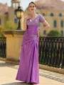 Stunning Sheath/Column Silk like Satin Applique V-Neck Short Sleeves Floor-Length Mother of the Bride Dress