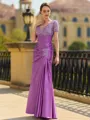 Stunning Sheath/Column Silk like Satin Applique V-Neck Short Sleeves Floor-Length Mother of the Bride Dress