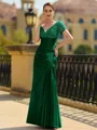 Stunning Sheath/Column Silk like Satin Applique V-Neck Short Sleeves Floor-Length Mother of the Bride Dress